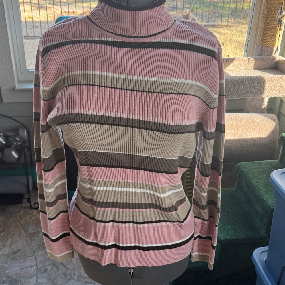 Liz & Co Sweater Pink, Light Tan Brown Striped Women's Turtleneck Sweater 1X
